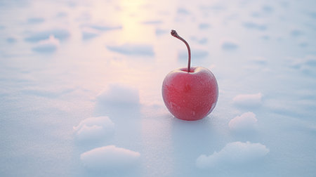 red fruit set against a cold winter blue sky, captured in the style of cinema4d rendering. this backlit photograph showcases the beauty of snow scenes with a touch of pastel softness. inspired by the dusseldorf school of photography, it depicts everyday life with a found-object-centric approach. ai generatedの素材