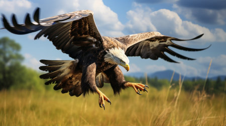 a majestic bald eagle soars gracefully through a vast field, captured in stunning detail with the use of daz3d technology. the photo showcases an extreme angle, highlighting the eagle's energetic movement. this high-quality national geographic-style image truly captures the awe-inspiring beauty of this iconic bird in flight. ai generatedの素材
