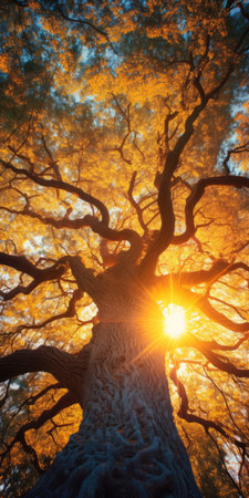 a stunning sunrise photo captures the grandeur of a giant gnarly old tree adorned with blue and yellow leaves. the upshot, upward angle shot provides a captivating bottom-up perspective, showcasing the intricate scale of the tree against the ethereal, golden hour skyward view. this fantasy-like image evokes a sense of awe and wonder. ai generatedの素材