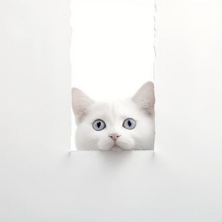 white kitten peering through a hole in paper, in an advertisement-inspired style. screen format, playful installations, elegant and emotive faces. aurora punk aesthetic with a white background. photographically detailed portraitures capture the essence of this adorable feline. ai generatedの素材