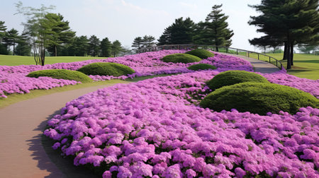 purple flowers bloom along a path, winding through a forest of trees, reminiscent of the heian period. the spiky mounds of vibrant and lively hues create a vaporwave-inspired scene. this earthworks-inspired landscape is captured on film using ferrania p30, showcasing the captivating contrast of dark pink and silver tones. ai generatedの素材
