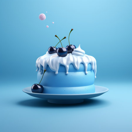 a blue cake with whipped cream and cherries is showcased against a vibrant blue background. the cake is created in the style of zbrush, incorporating elements of environmental awareness and the artistic influence of philip mckay. the smooth and shiny texture of the cake, along with the monochromatic color scheme inspired by lorser feitelson, creates a fluid and visually captivating composition. ai generatedの素材