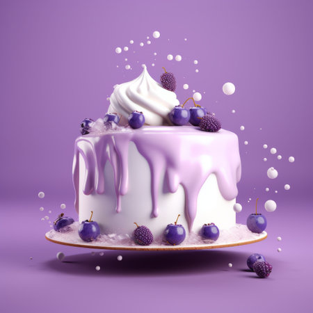 a cake adorned with fresh berries and a vibrant purple liquid is showcased on a captivating purple background. this visually stunning image, created in the style of realistic and hyper-detailed renderings, draws inspiration from the works of grzegorz domaradzki, chris labrooy, and caras ionut. the combination of white and purple hues, along with the infusion of cartoonish elements, adds a unique touch to this artworkの素材