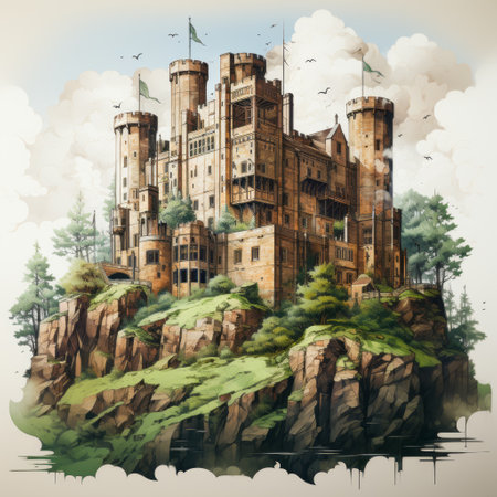 a minimalist line art depiction of bolton castle, showcasing its distinctive architecture with clean, precise lines. the drawing captures the castle's iconic silhouette, highlighting the interplay of its towers and spires. this minimalistic ink drawing on smooth paper beautifully emphasizes the form and structure of bolton castle. ai generatedの素材