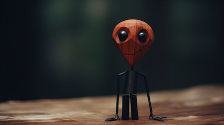 an adorable wooden alien statue sits atop a table, exuding a cartoonish innocence. with a soft-focus technique, the dark red and black colors create a playful and slender caricature. this charming character, captured on flickr, adds a touch of whimsy to any space. ai generatedの素材