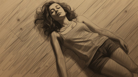 a realistic portrait drawing of a woman laying on a wooden floor, created in the style of solarization effect. this high-resolution illustration is rendered in maya, showcasing the artist's skill in capturing the subject's form. the use of the ashcan school technique adds depth and texture to the artwork, resulting in a captivating visual composition. ai generatedの素材