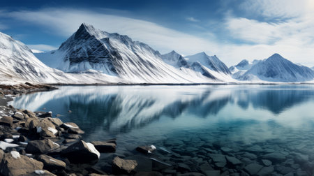 a photo of a fjord in iceland, featuring snowy mountains and created in the style of erik johansson. this 32k uhd image showcases soothing landscapes with sparkling water reflections. the photo captures a shadowy stillness and evokes a cold and detached atmosphere, reminiscent of himalayan art. ai generatedの素材
