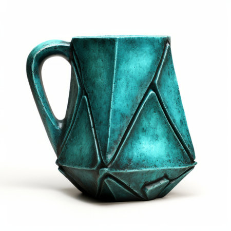 the coffee mug features a teal triangle design, reminiscent of futurist sculpture. with its rough texture, this daz3d creation adds a touch of classic still-life to any setting. the mug's unique design gives it the appearance of an archaeological object or a readymade sculpture, expertly imitating the look and feel of a different material. ai generatedの素材