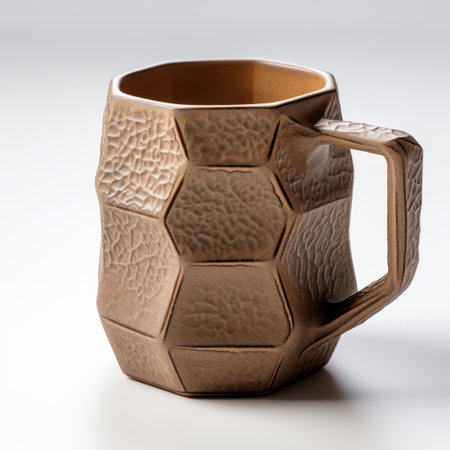a 3d printed ceramic mug, created by maxwell simpson, featuring a zorb cup design. this mug showcases glazed surfaces in a rich brown color, with a multifaceted geometry inspired by the shang dynasty. the finely rendered textures and the use of the rodenstock imagon 300mm f58 lens add depth and detail to this unique piece. ai generatedの素材