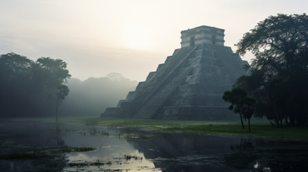 chichen chumbia, an ancient pyramid located in chichen chiapas, showcases a photorealistic rendering capturing its misty atmosphere. the subtle atmospheric perspective adds to the romantic riverscapes surrounding the pyramid. the image, shot with cinestill 50d film, highlights the sustainable architecture of the structure, with its dark and muted colors. ai generatedの素材