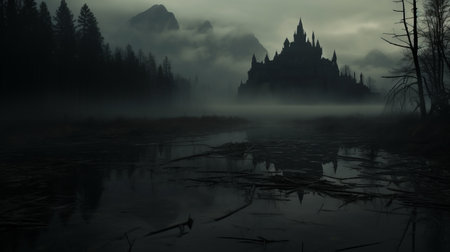 a foggy castle stands amidst a dense forest, overlooking a river. this dark and spooky-themed image captures the essence of wilderness with its romanticized depiction. the high-quality vray rendering and 8k resolution bring out the menacing atmosphere of the expansive landscape. ai generatedの素材