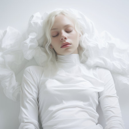 a girl with white skin lies on a bed, her eyes open, in a dreamlike installation. the bed is made of plastic, with monochromatic layers, resembling barbiecore and minimalist portraits. the ambiance exudes warmcore, with flowing fabrics adding to the ethereal atmosphere. ai generatedの素材