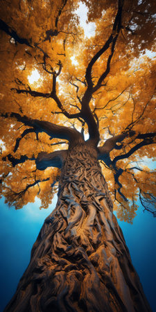 a majestic mammal's eye view of a giant gnarly old tree adorned with blue and yellow leaves. this upshot photo captures the grandeur of scale and intricate details from a bottom-up perspective. the upward angle shot reveals a skyward view, creating an ethereal atmosphere during the golden hour. a truly enchanting and fantastical scene. ai generatedの素材