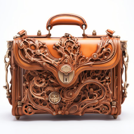 a large suitcase with intricate carvings, in the style of zbrush, is on display. the suitcase features a combination of light orange and brown colors, showcasing a futurist mechanical precision. the carvings resemble tangled nests, adding a touch of feminine affluence. the level of detail is highly realistic, reminiscent of the highly detailed realism captured by fujifilm velvia. ai generatedの素材