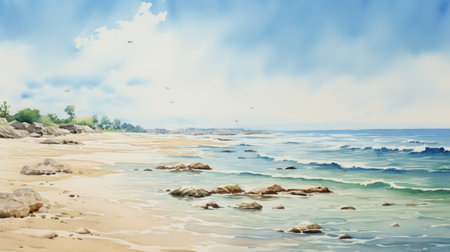a realistic watercolor painting capturing a serene beach scene with rocks by the sea. the high horizon lines and birds-eye-view perspective add depth to the artwork. painted en plein air, this piece showcases the beauty of isolated landscapes. inspired by the style of mike ploog, this painting was created using a canon af35m camera. ai generatedの素材