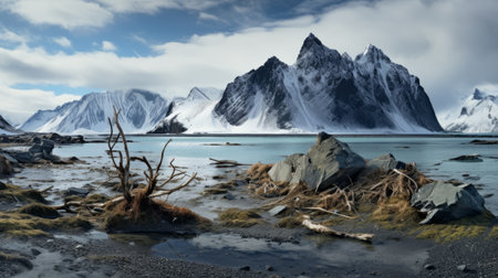 a man lies in the snow, gazing at a lake, surrounded by a naturalistic wilderness. the scene is rendered in unreal engine, showcasing spectacular backdrops and spiky mounds. the uhd image captures the romanticized beauty of the moment, enhanced by the use of the wollensak 127mm f47 ektar lens. ai generatedの素材