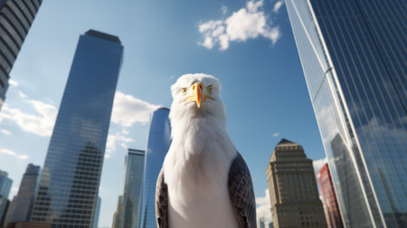 a golden eagle, with its large eyes, gazes down at the cityscape of new york. rendered in cinema4d, this photorealistic image captures the majestic bird's presence, symbolizing environmental awareness. the selective focus highlights the eagle's intense gaze, while the white and navy color scheme adds a touch of elegance. this artwork resonates with the spirit of warren buffet's commitment to nature conservation. ai generatedの素材