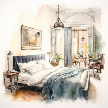 a watercolor illustration of a cozy living room for interior design, inspired by historical painting. the light-filled scene captures the essence of victorian glasgow, with vray tracing enhancing the details. the ink and wash technique adds depth, while the luminescent color scheme combines natural and man-made elements seamlessly. ai generatedの素材