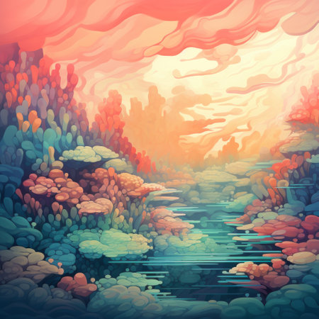 a landscape digital art desktop wallpaper featuring hyper-detailed illustrations in a colored cartoon style. the artwork showcases a smokey background with light crimson and aquamarine hues. the painterly style brings out the organic biomorphic forms, creating a visually captivating scene with saturated pigment pools. ai generatedの素材