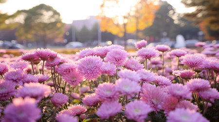 flowers bloom in a sunny park, showcasing a vibrant color palette of light magenta and light gold. the photo, captured with a carl zeiss distagon t 15mm f28 ze lens, exudes a kintsukuroi-inspired aesthetic. the luminescent color scheme and luminous brushwork beautifully highlight the pink and orange hues, capturing a sense of suburban ennui. ai generatedの素材