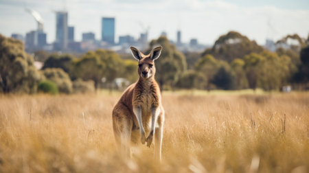 a kangaroo stands gracefully in the lush green grass, with the cityscape in the background. captured with the innovative nikon d850, this photo showcases the kangaroo's natural beauty. the gray and amber tones add a touch of primitivist charm to the image. experience the stunning details of this 8k photograph. ai generatedの素材