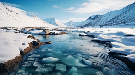 snow scenery in the iceland wilderness captured in a stunning photograph. the image showcases the translucent water, with shades of light blue and maroon, creating a captivating contrast. shot with a carl zeiss distagon t 15mm f2.8 ze wide-angle lens, this matte photo in 8k resolution beautifully captures the serene beauty of the icy landscape. ai generatedの素材