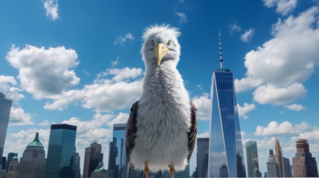 a sandpiper bird stands defiantly against the backdrop of the iconic yankee skyline. this stunning image, created using cinema4d, showcases intricate details such as the realistic fur and feather textures. the character designs by martin creed and dimitry roulland are inventive and captivating, while the sandpiper's strong facial expression adds depth to the photo. ai generatedの素材