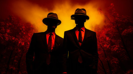 the photo features a male and female wearing suitspants against a smokey background. the style of the image is reminiscent of the brothers hildebrandt and the black arts movement. the dark red and dark amber tones create a pseudo-infrared effect. the photo captures the essence of artists randolph stanley hewton and rob guillory. ai generatedの素材