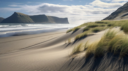 grass on a sand dune, captured with the majestic and sweeping style of environmental portraiture. this uhd image showcases the delicate rendering of the landscape, with the steinheil quinon 55mm f19 lens capturing the hazy and ethereal beauty. the scene is reminiscent of maori art, evoking a sense of tranquility and natural harmony. ai generatedの素材