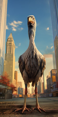 a big ox with its large feet stands on a city street, showcasing a unique blend of life-like avian illustrations by artists mike campau and don bluth. this captivating photograph captures the essence of nature through experimental cinematography, featuring exotic birds. the contrasting colors of dark silver and light orange add depth and intrigue to the composition. ai generatedの素材
