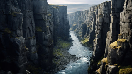 a river flows through a majestic canyon, captured in a dark and moody landscape style reminiscent of the danish golden age. the terragen scenery showcases the grandeur of scale, with rough hewn surfaces adding to the dramatic effect. this national geographic-worthy photo combines elements of epic portraiture and nature's raw beauty. ai generatedの素材