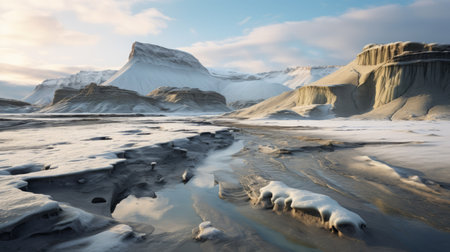 geysir region in iceland captured in a jcl ressource photo, showcasing a stunningly realistic winter landscape. the image, created in the style of vray tracing, features fluid and organic forms, rendered using unreal engine 5. designed by aleksi briclot, the scene boasts a soft and muted palette, with wavy resin sheets and beautifully illuminated surroundings. ai generatedの素材