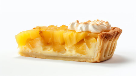 a pineapple almond pie with whipped cream is showcased in this uhd image, featuring a unique solarization effect. the photograph, captured with exacting precision, highlights the blink-and-you-miss-it details of the pie. created by renowned photographers mark lovett, nick veasey, and andrew hem, this visually stunning image is sure to captivate food enthusiasts and art lovers alike. ai generatedの素材