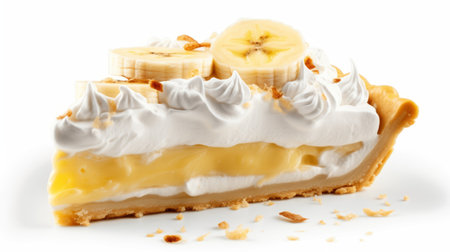 a slice of banana pie topped with whipped cream and pecans, captured in stunning uhd image quality. this zbrush-style creation showcases unexpected fabric combinations, tonal harmonies, impressive panoramas, and precisionist details. ai generatedの素材