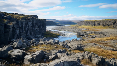 the photo captures the rugged beauty of a large valley, adorned with rocky terrain in shades of dark gray and aquamarine. the riverscapes exude a romantic charm, reminiscent of traditional british landscapes. this stunning image was taken by mehl amundsen using a nikon d750, showcasing the timeless allure of paleocore and alvar cawn. ai generatedの素材