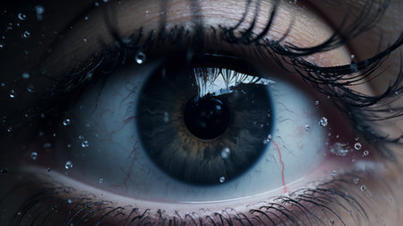 a person's eye with water droplets, portraying a surrealistic dystopia. the image features a dark sky-blue and white color scheme, created using daz3d software. the eye appears soggy, and the image is in ultra-high definition. this captivating portrait holds hidden meanings within its composition. ai generatedの素材