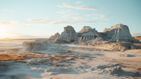 the photo captures a stunning desert landscape featuring white rocky terrains, reminiscent of marta bevacqua's artistic style. the image showcases the beauty of luminist landscapes and post-apocalyptic scenery. with high detail and post-processing techniques, this ultra-high-definition (uhd) photograph by even mehl amundsen is a visual masterpiece. ai generatedの素材