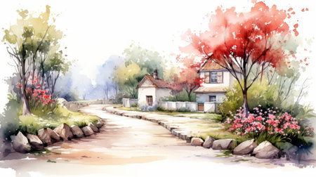 a landscape watercolor art illustration capturing suburban ennui in the style of uhd image. created by miwa komatsu, this piece showcases a romanticized country life with colorful sidewalk scenes. the vibrant colors of white and red add a captivating color splash to the overall composition. ai generatedの素材