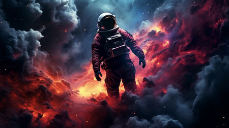 an astronaut freefalls through a mesmerizing sky of dark clouds, surrounded by the vastness of space. the astronaut is inside a spacecraft, floating weightlessly. this artwork, created in the style of caras ionut, beeple, raymond swanland, features a captivating color palette of dark crimson and red. the installation showcases the full body of the astronaut, evoking a psychedelic-inspired atmosphere. ai generatedの素材