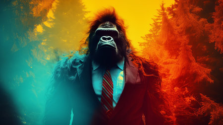 a bearded gorilla stands in a forest, surrounded by lush green trees. the photo captures the essence of corporate punk with its colorful collage style. shot in 8k resolution, the image features a smokey background and bold primary colors. it resembles a mono-ha artwork and could easily be mistaken for a captivating national geographic photo. ai generatedの素材