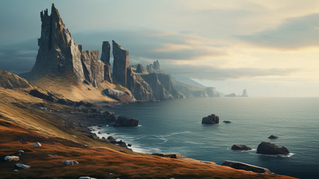 rocky mountain scenery meets a beach in this jessica rossier-inspired artwork rendered in unreal engine. the scottish landscapes and martiros saryan influences are evident in the detailed marine views, while the color palette of light cyan and amber adds a captivating touch. the greeble elements enhance the overall visual appeal of this stunning composition. ai generatedの素材