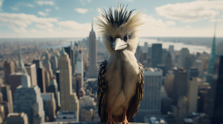 a bird perched on a ledge overlooking the cityscape of new york, captured in a cinema4d rendering style. the image showcases the juxtaposition of urban life and nature, with spiky mounds in the foreground. the bird's strong facial expression adds a touch of intrigue. created by sacha goldberger, the artwork features a color palette of light beige and dark azure, evoking a unique junglepunk aesthetic.の素材