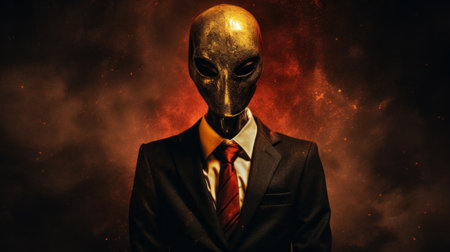 an alien in a suit and tie gazes directly at the camera, surrounded by a dark gold and red backdrop. the image exudes a surreal urban vibe, with hints of ritualistic masks and tenebrism. the slender figure and ravencore aesthetic add to the enigmatic allure of this portrait, which is rich in hidden meanings. ai generatedの素材