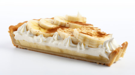 a slice of banana pie, captured in the style of les nabis, is showcased on a clean white background. this visually appealing photo, taken with provia film, exhibits multi-layered and innovating techniques. with influences from sandalpunk and the tonal harmony of group f64, this image is a delightful blend of artistry and culinary delight. ai generatedの素材