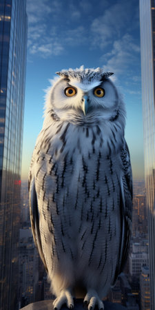 an owl with a beak perched on a building in a photorealistic cityscape style. the image showcases the owl's majestic presence against the backdrop of a new york cityscape. captured in 8k 3d, the light white and silver tones add to the powerful and emotive portraiture. this ultra hd photograph is a stunning depiction of urban wildlife. ai generatedの素材