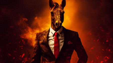 a businessman with fire in his head is depicted in this wallpaper, inspired by realistic animal portraits. the image exudes a mysterious mood with its dominant red and bronze tones. the artwork combines elements of realistic equine paintings, bold fashion photography, and the unique genre of desertpunk, resulting in a captivating and genre-defying composition. ai generatedの素材