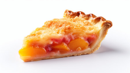 a piece of peach pie, baked in a traditional recipe, sits on a white tabletop. the photo is digitally enhanced, showcasing a consumer culture critique with its light magenta and amber tones. the high-resolution image in 8k resolution captures the essence of chinapunk and hinchel or aesthetics, creating a visually striking and large-scale composition. ai generatedの素材