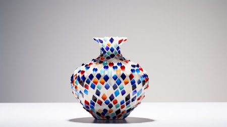 rainbow colors emanate from a byzantine-inspired vase, featuring a blend of light white and dark azure hues. the vase showcases a cubist faceting technique, with intersecting red and indigo colors. the meticulous execution of this artwork highlights the artist's skill and attention to detail. ai generatedの素材