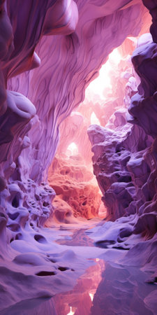 an indigo cave with water, captured in an ethereal image. the cave is bathed in light magenta and beige hues, creating a surreal and captivating atmosphere. the hyper-detailed rendering showcases chromatic sculptural slabs, adding depth to the scene. this high-quality photo by patrick brown beautifully combines realistic elements with surreal theatrics, reminiscent of the artistic style of mars ravelo. ai generatedの素材