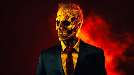 a widescreen wallpaper featuring a zombie businessman in a burned and charred style. this hyperrealistic portrait showcases dark yellow and red tones, with contemporary portrait photography techniques. the use of neon and fluorescent light adds to the mysterious mood, while skull motifs enhance the overall aesthetic. ai generatedの素材